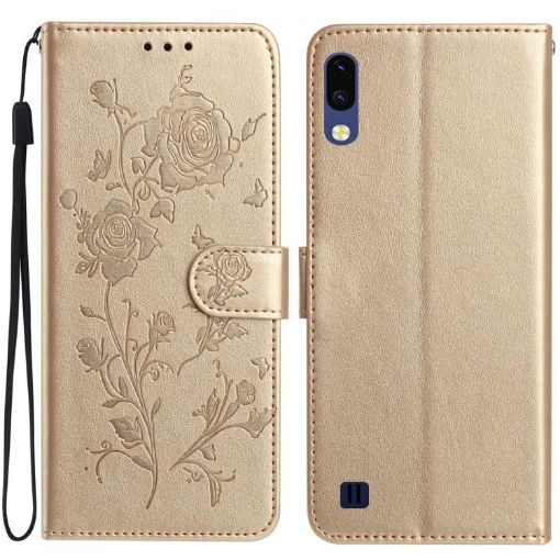 Samsung Galaxy A10/M10 Gold Rose Embossed Leather Phone Case - 1