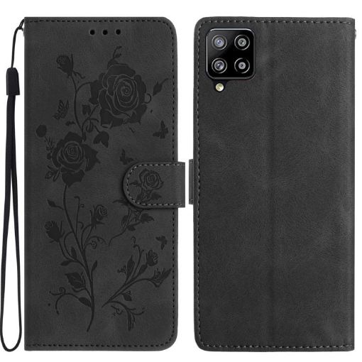 Samsung Galaxy A12 Black Leather Case with Rose Flower Embossing - 1