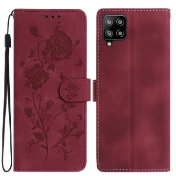 Samsung Galaxy A12 Red Rose Flower Embossed Leather Phone Case - 1
