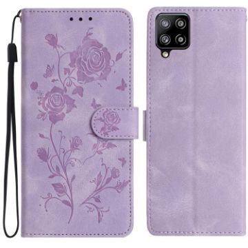 Samsung Galaxy A12 Light Purple Rose Embossed Leather Phone Case - 1