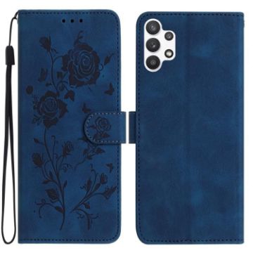 Samsung Galaxy A13 4G Leather Case, Rose Flower Embossed, Dark Blue - 1