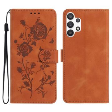 Samsung Galaxy A13 4G Brown Leather Case with Rose Flower Embossing - 1