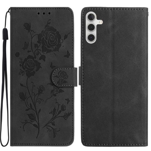 Samsung Galaxy A13 5G Black Leather Case with Rose Flower Embossing - 1