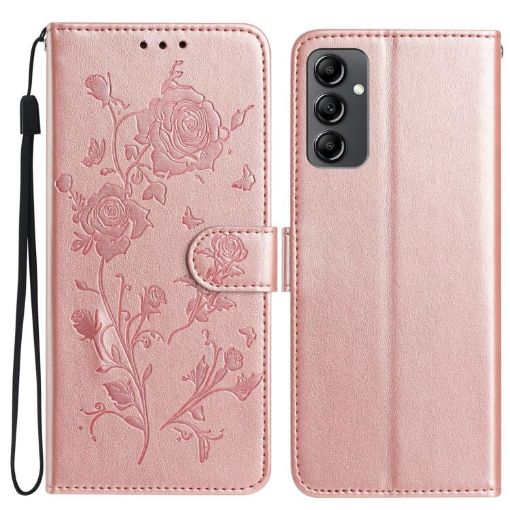 Samsung Galaxy A14 Rose Flower Embossed Leather Case - Rose Gold - 1