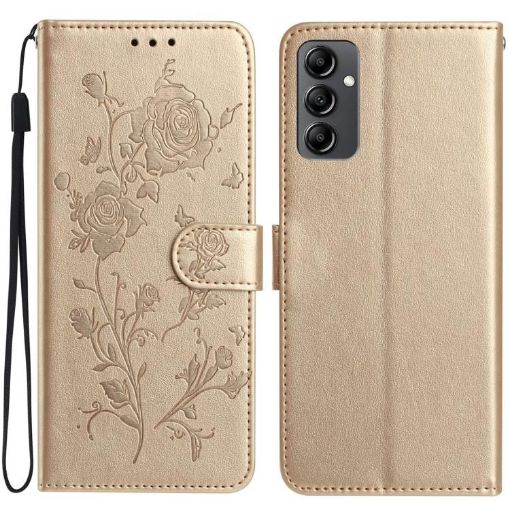 Samsung Galaxy A14 Gold Leather Case with Rose Flower Embossing Pattern - 1