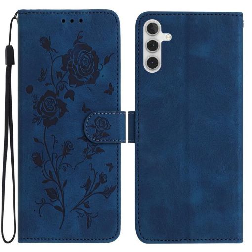 Samsung Galaxy A15 Dark Blue Rose Embossed Leather Phone Case - 1