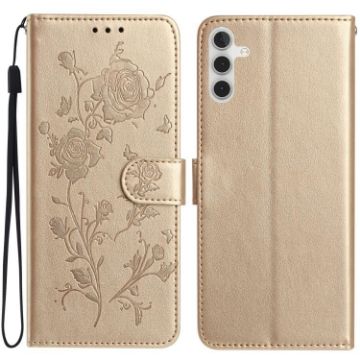 Samsung Galaxy A17 Gold Leather Case with Rose Flower Embossing Pattern - 1