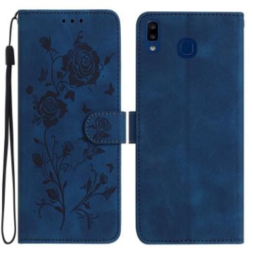 Samsung Galaxy A20e Dark Blue Rose Embossed Leather Phone Case - 1