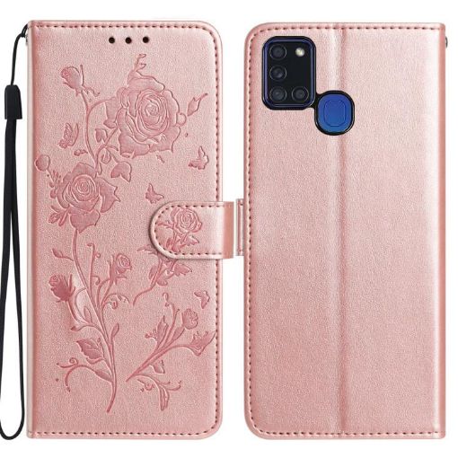 Samsung Galaxy A21S Rose Flower Embossed Leather Case - Rose Gold - 1