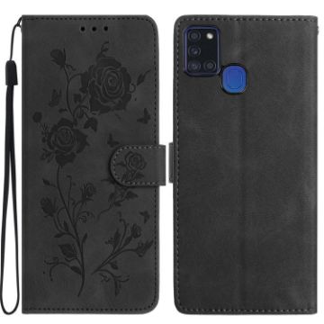 Samsung Galaxy A21S Black Leather Case with Rose Flower Embossing - 1
