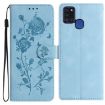Samsung Galaxy A21S Leather Case, Rose Flower Embossing, Sky Blue - 1