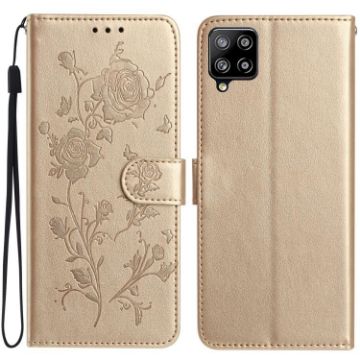 Samsung Galaxy A22 Gold Leather Case with Rose Flower Embossing Pattern - 1