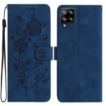 Samsung Galaxy A22 Dark Blue Rose Embossed Leather Phone Case - 1