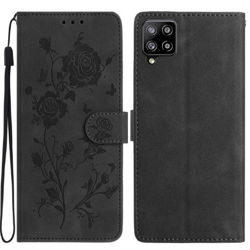 Samsung Galaxy A22 Black Leather Case with Rose Flower Embossing Pattern - 1