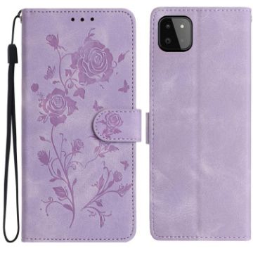 Samsung Galaxy A22 5G Leather Case Rose Flower Emboss Light Purple - 1
