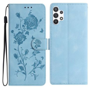 Samsung Galaxy A32 Leather Case, Rose Flower Embossing, Sky Blue - 1
