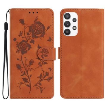 Samsung Galaxy A33 Brown Leather Case with Rose Flower Embossing - 1