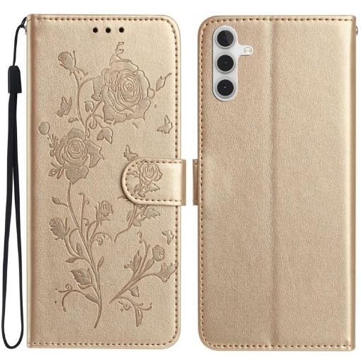 Samsung Galaxy A34 Gold Leather Case with Rose Flower Embossing - 1