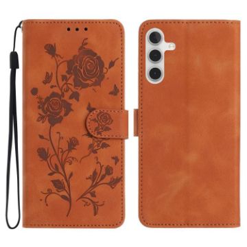 Samsung Galaxy A34 Brown Leather Case with Rose Flower Embossing - 1