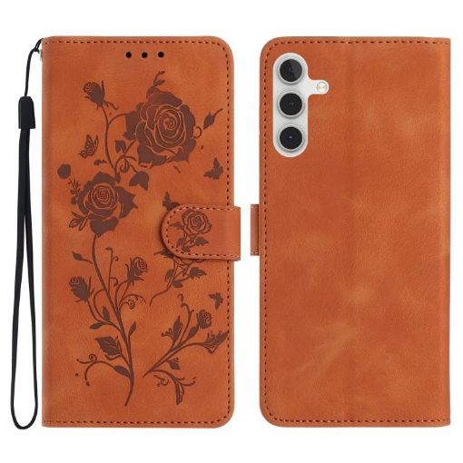 Samsung Galaxy A34 Brown Leather Case with Rose Flower Embossing - 1