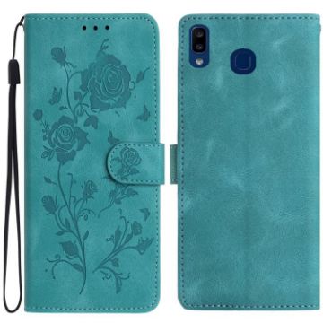 Samsung Galaxy A40 Green Leather Case with Rose Flower Embossing - 1