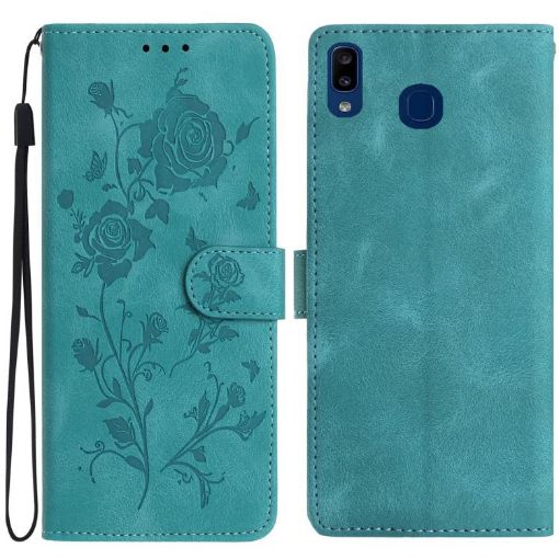Samsung Galaxy A40 Green Leather Case with Rose Flower Embossing - 1