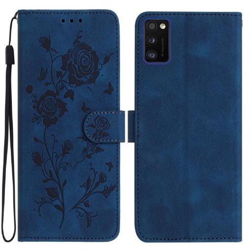 Samsung Galaxy A41 Dark Blue Rose Embossed Leather Phone Case - 1
