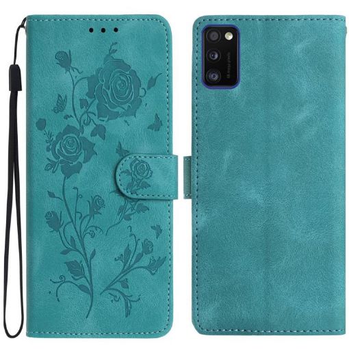 Samsung Galaxy A41 Green Leather Case with Rose Flower Embossing - 1