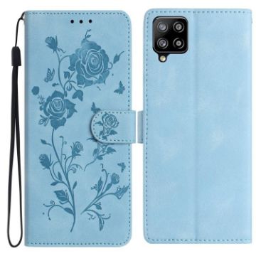 Samsung Galaxy A42 Leather Phone Case, Rose Flower Embossed, Sky Blue - 1