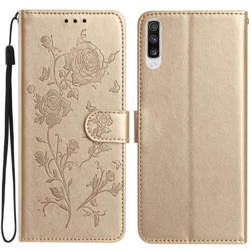 Samsung Galaxy A50 Gold Rose Flower Embossed Leather Phone Case - 1