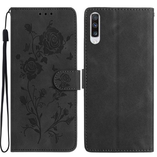 Samsung Galaxy A50 Black Leather Case with Rose Flower Embossing Pattern - 1