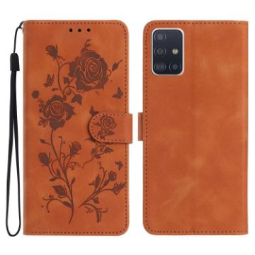 Samsung Galaxy A51 Brown Leather Case with Rose Flower Embossing Pattern - 1