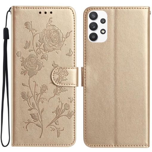 Samsung Galaxy A72 Gold Rose Flower Embossed Leather Phone Case - 1