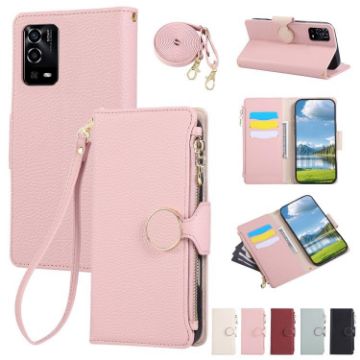 OPPO A55/A54 4G/5G Pink Leather Wallet Phone Case with Strap - 1
