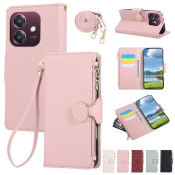 OPPO A3x/A3 5G/4G Pink Leather Wallet Phone Case with Crossbody Strap - 1