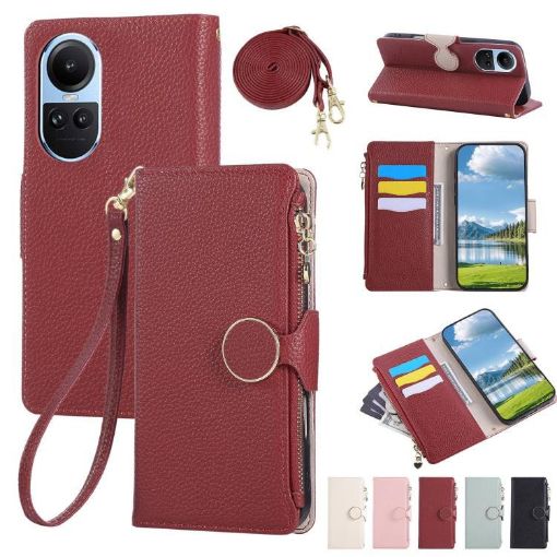 OPPO Reno10/10 Pro Red Leather Wallet Phone Case with Crossbody Strap - 1