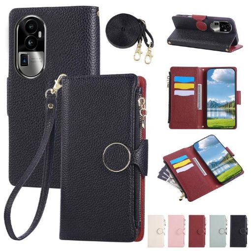 OPPO Reno10 Pro+ Black Leather Wallet Phone Case with Crossbody Strap - 1
