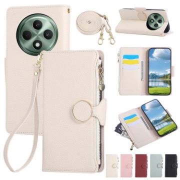OPPO Reno12 F Leather Wallet Phone Case with Crossbody Strap - White - 1