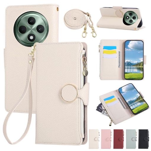 OPPO Reno12 F Leather Wallet Phone Case with Crossbody Strap - White - 1