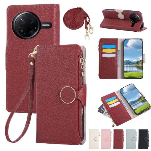 Red Leather Wallet Phone Case for Redmi K80/Poco F7 Pro with Strap - 1