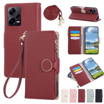 Red Leather Wallet Phone Case for Redmi Note 12 Pro 5G with Strap - 1