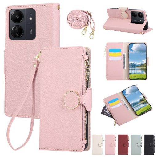Redmi 13C Pink Leather Phone Case Wallet with Crossbody Strap - 1
