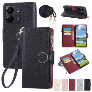 Redmi 13C Leather Phone Case with Crossbody Strap - Black Wallet Cover - 1