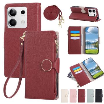 Red Leather Wallet Phone Case for Redmi Note 13 4G with Crossbody Strap - 1