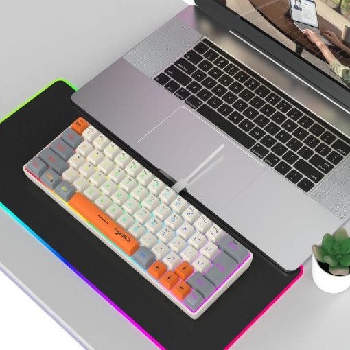 HXSJ V400 RGB Backlit Membrane Keyboard, 63 Keys, 1.7m Cable, Grey/Beige/Orange - 1