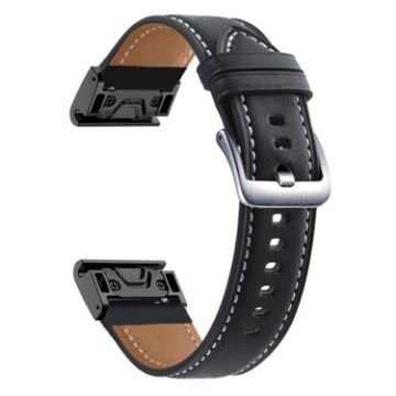Garmin Fenix 7/7X/6X 22mm Silver Buckle Leather Watch Band (Black) - 1