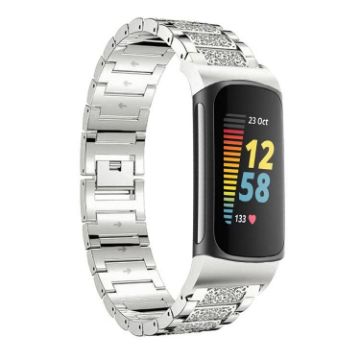 Fitbit Charge 6/5 18mm Diamond Jewelry Stainless Steel Band Silver - 1