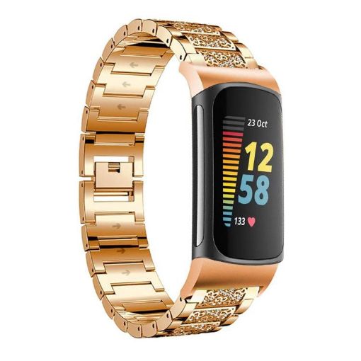 Fitbit Charge 6/5 Rose Gold Diamond Stainless Steel Watch Band 18mm - 1