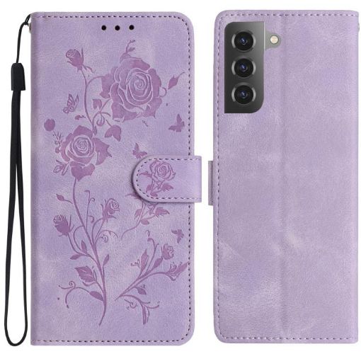 Samsung Galaxy S21 5G Light Purple Rose Embossed Leather Phone Case - 1
