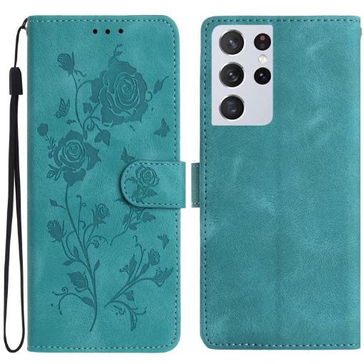 Samsung Galaxy S21 Ultra 5G Green Rose Embossed Leather Phone Case - 1